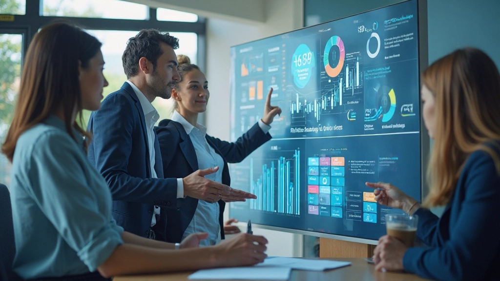 Команда специалистов обсуждает визуализированные данные на интерактивном экране в конференц-зале