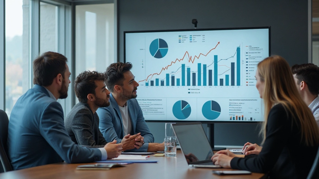 Команда аналитиков обсуждает интерактивный дашборд с несколькими диаграммами на экране