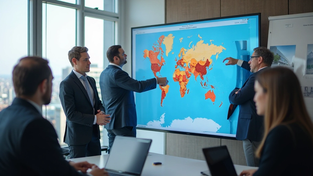 Команда специалистов обсуждает географические карты на большом экране