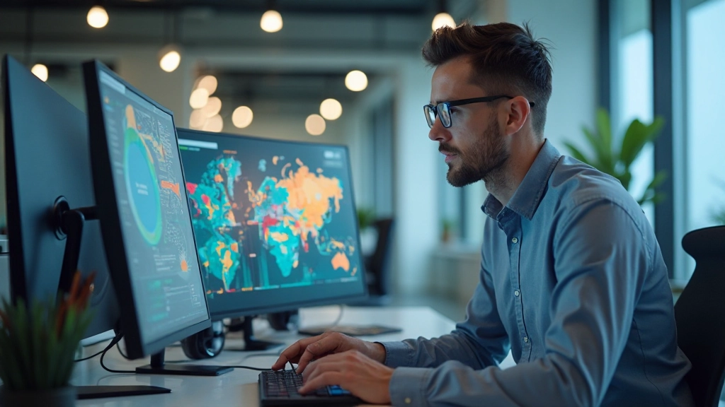 Профессиональное рабочее место с картографическими визуализациями и тепловыми картами на мониторе